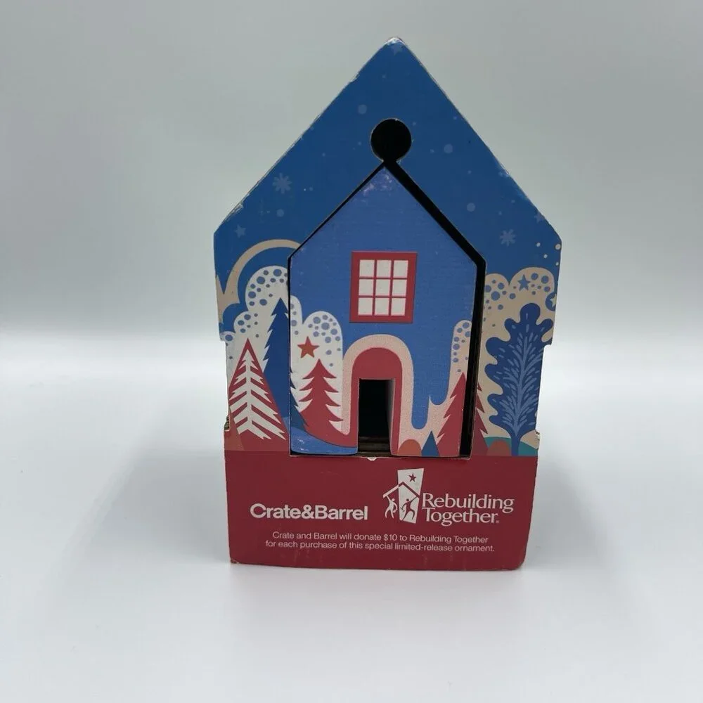 2015 Crate & Barrel Kate Forrester Wooden House Christmas Ornament Hearts & Home